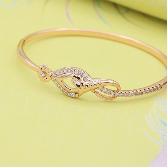 Elegant Teardrop Rose Gold Bangle with Floral Accent and Stones, XPBL0467 - Picture 3 of 12